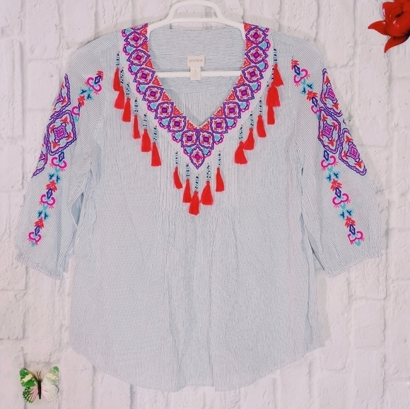 Chico's V-Neck Embroidered Stripes Floral‎ Peasant Boho Tassel Top Blouse - Picture 1 of 4